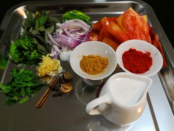 High angle view of vegetables in bowl on table