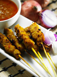 Malaysia famous street food ,grill satay chicken with sweet peanut curry sauce