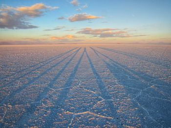 Tire tracks on land during sunset