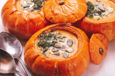 High angle view of pumpkins on table