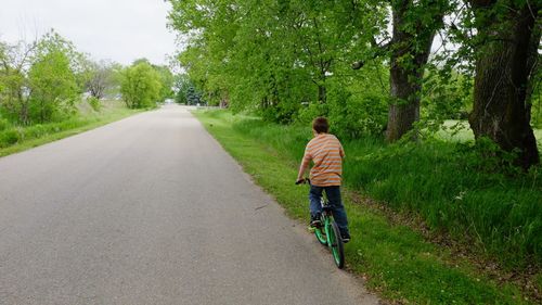 Rear view of boy riding bike