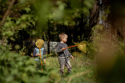 Little boys with butterfly nets in countryside. image with selective focus