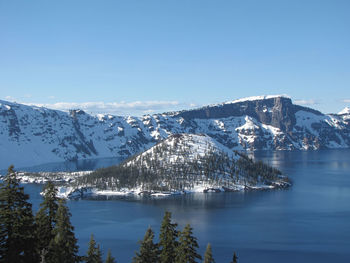 Scenic view of lake by snowcapped mountains against sky