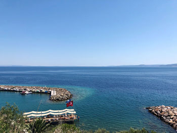 High angle view of sea against clear blue sky