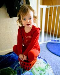 Portrait of cute girl sitting at home in basket