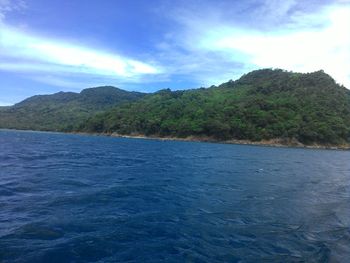 Scenic view of sea and mountains against sky