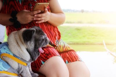 Midsection of man holding dog on field