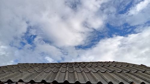 Low angle view of building roof against cloudy sky