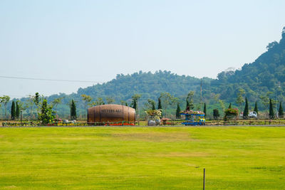 Scenic view of grassy field against clear sky