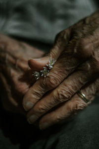 Close-up of hand holding leaf