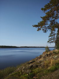 Scenic view of lake against clear blue sky