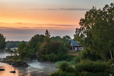 Trees and buildings against sky during sunset