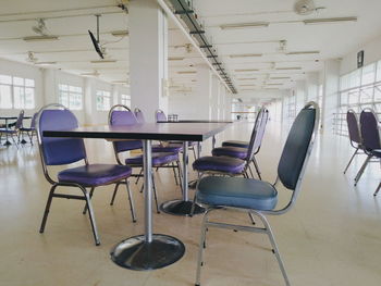 Empty chairs and tables in building