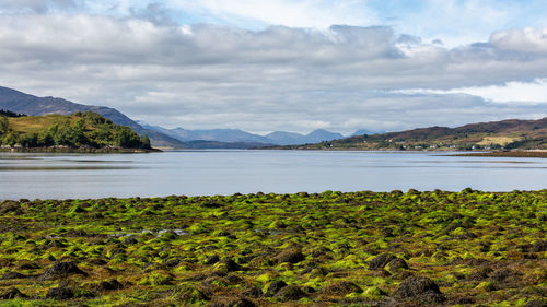 Scenic view of lake and mountains against sky