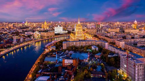 High angle view of illuminated city buildings, moscow, russia.