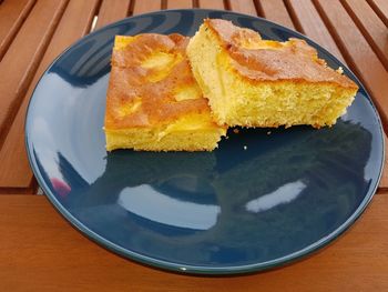 High angle view of cake in plate on table