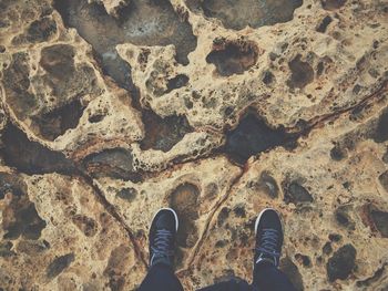 Low section of person standing on tiled floor