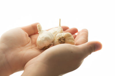 Close-up of hand holding hands over white background