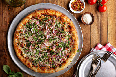 High angle view of pizza on table