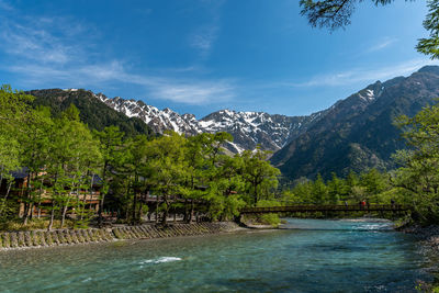 Scenic view of river by mountains against sky