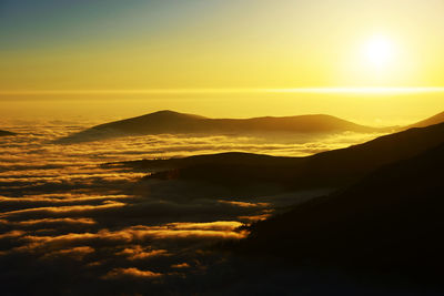 Scenic view of silhouette mountains against sky during sunset