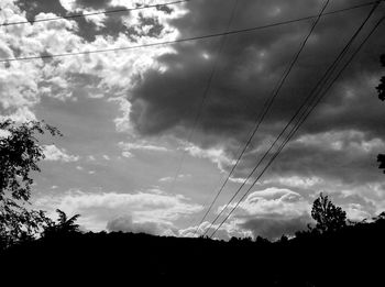 Low angle view of electricity pylon against cloudy sky