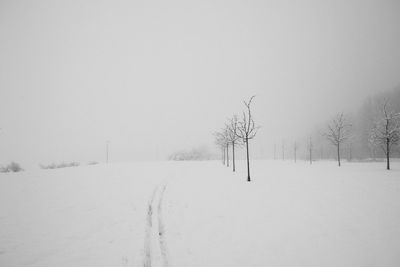 Snow covered field against sky