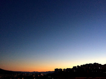 Silhouette buildings against clear blue sky at sunset