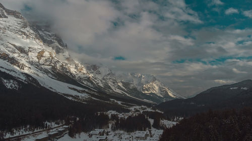 Scenic view of snowcapped mountains against sky