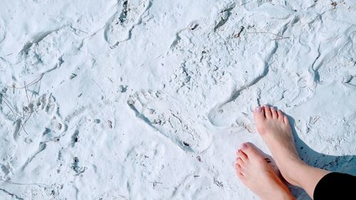 Low section of woman feet on snow