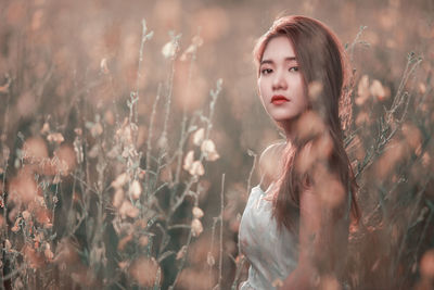 Portrait of young woman standing on field