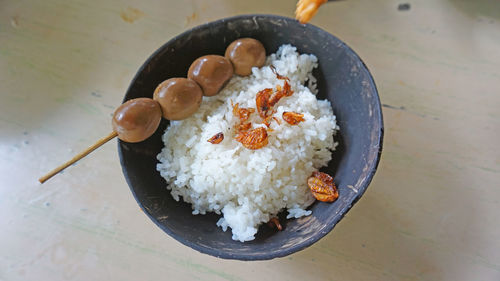 High angle view of food in bowl on table