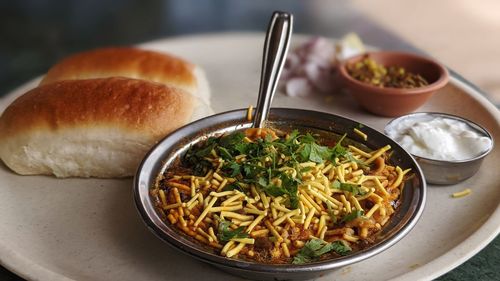 High angle view of food in plate on table