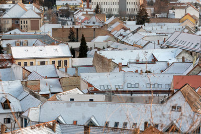 High angle view of residential buildings in city