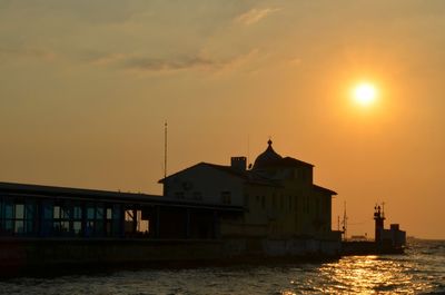 Reflection of buildings in water at sunset