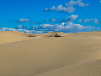 Sand dunes in desert against blue sky