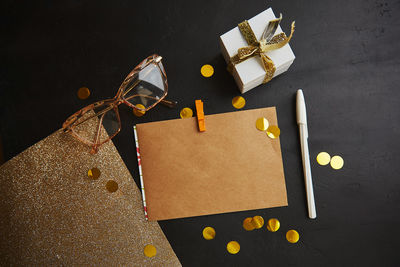 High angle view of christmas decorations on table