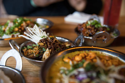 Close-up of food served on table 