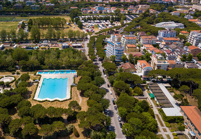 High angle view of buildings in city