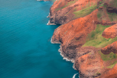 Helicopter view of rocks on sea