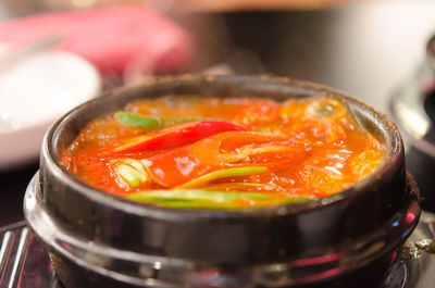 High angle view of meat in bowl on table