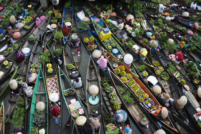 High angle view of boats at market 