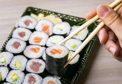 High angle view of sushi in tray