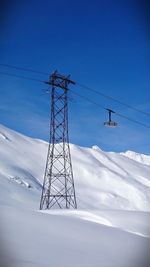 Low angle view of overhead cable car over snowy hill against blue sky