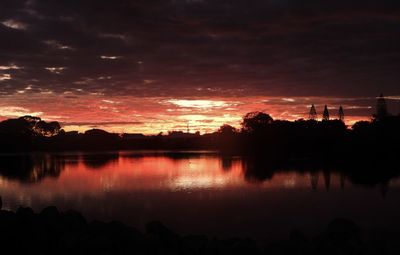 Scenic view of lake against orange sky