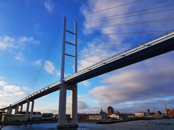 Low angle view of suspension bridge against sky