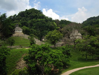 Scenic view of trees and building against sky