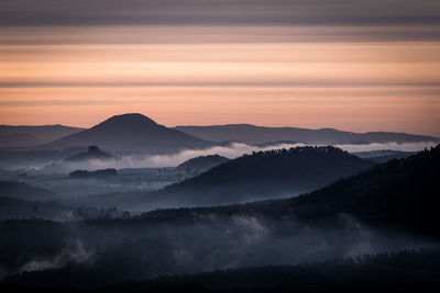 Scenic view of silhouette mountains against sky during sunset