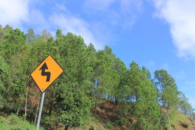 Road sign by trees against sky