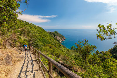 Panoramic overview of hiking trailhead at ligurian seaside  at cinque terre area,  italy,   2019